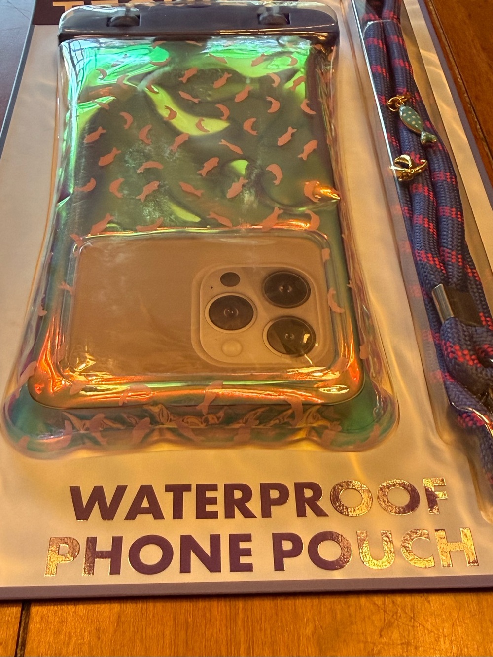 Iridescent Pink Waterproof Phone Pouch with Blue Strap - Picture 6 of 12
